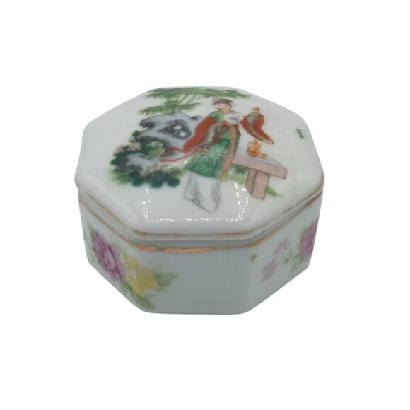 Trinket Box Hand Painted Porcelain Japan Woman Garden Holding Fan Roses Vintage - Picture 1 of 16